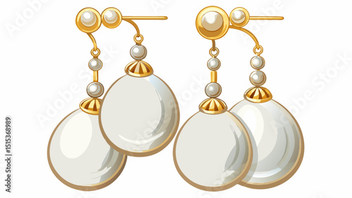 Elegant pearl drop earrings on display, hanging gracefully with golden clasps. Pure white pearls shimmer against clean white background, symbolizing timeless grace and gentle femininity in jewelry des