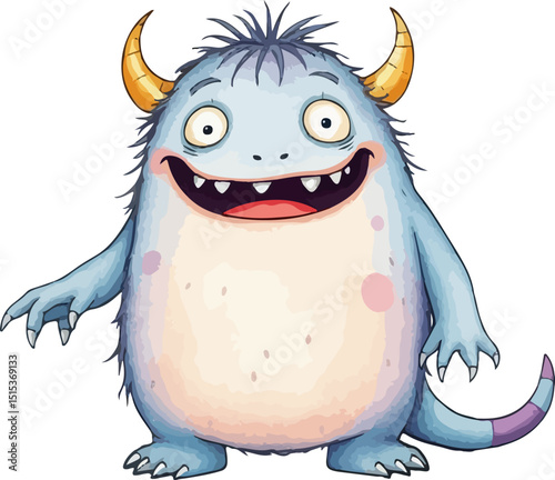 Cute little monster watercolor vector illustration.