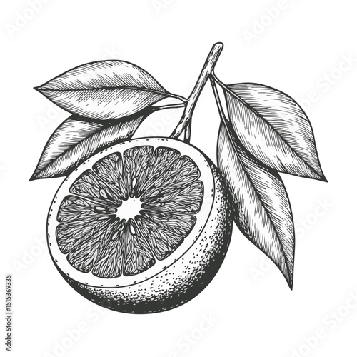 A Detailed Hand-Drawn Illustration of a Halved Orange with Leaves