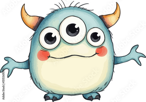 Cute little monster watercolor vector illustration.