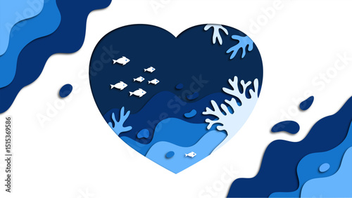 Paper cut effect heart shape with underwater sea background. The world oceans day deep water sea, coral water silhouette art background