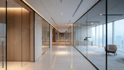 Modern, minimalist office hallway with glass partitions and natural light