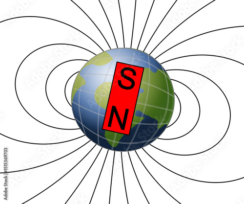 Globe and S/N Magnet Waves– Science and Geography Concept Illustration

