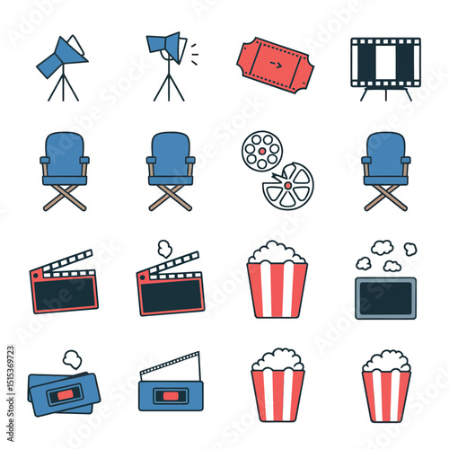 vector icons for cinema, Director's Chair , theatrical roles, video tape, cinema shattered spotlight, Theater Ticket
