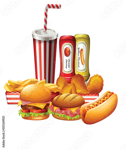 A group of fast food items—burgers, fries, pizza, and soda—sits tempting and colorful, blending bold flavors, quick satisfaction, and casual comfort in one delicious, ready-to-grab feast.
