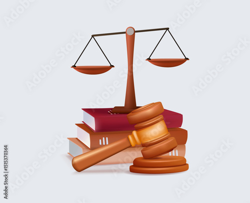 Legal concept with scales, books and gavel. gavel hammer as a symbol of law and order. Law concept, law book and Judge's gavel 3D render vector illustration.