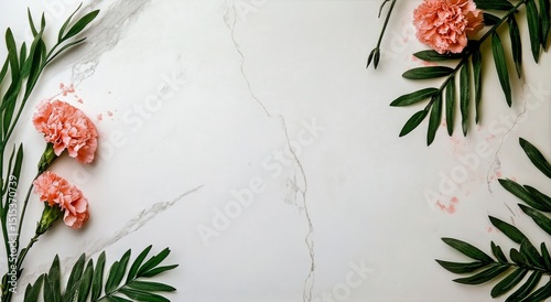 Floral Arrangement With Pink Flowers and Green Leaves on Marble Surface Durin...