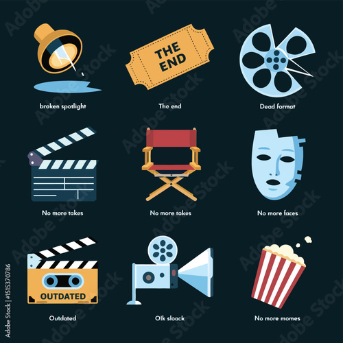 vector icons for cinema, Director's Chair , theatrical roles, video tape, cinema shattered spotlight, Theater Ticket
