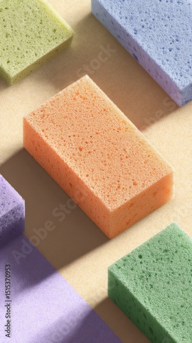 Colorful Sponges Arranged on a Surface With Soft Shadows During Bright Daylight