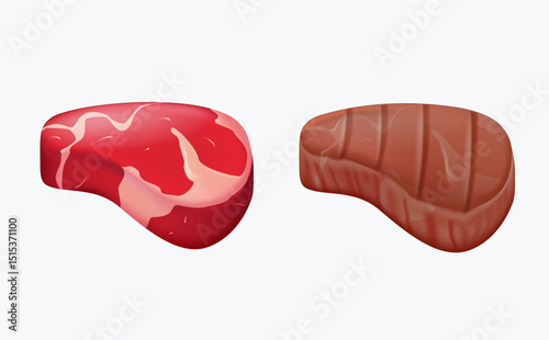 Fresh meat and grilled meat 3D render vector illustration. BBQ food product. Medium rare and rare meat. Fresh pork