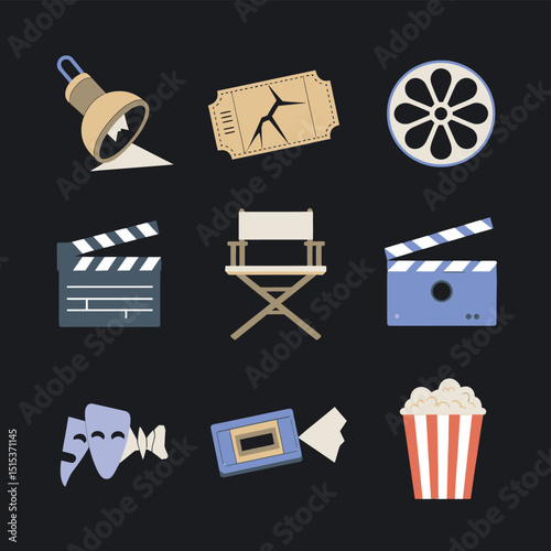 vector icons for cinema, Director's Chair , theatrical roles, video tape, cinema shattered spotlight, Theater Ticket
