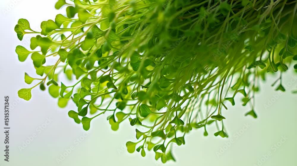Image of growing microgreens with green leaves and stems hanging from the top of the frame against a light background, emphasizing freshness and healthy eating. Concept of healthy eating and freshness