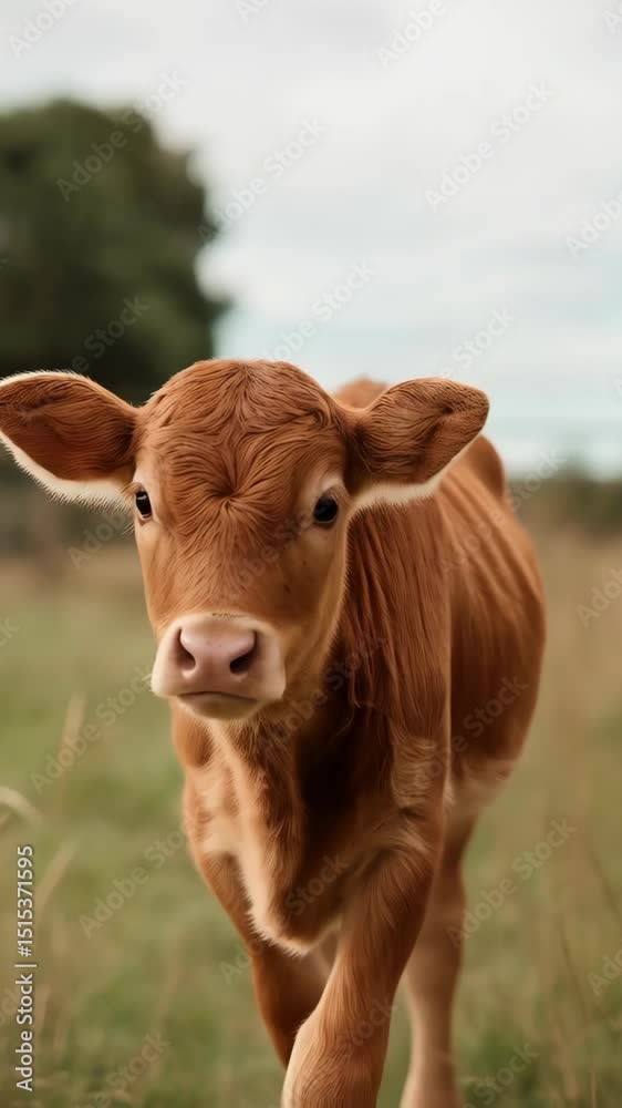 Young brown calf walking through tall green and beige grass in a countryside meadow on a cloudy day during the afternoon. Young brown calf walking through tall green and beige grass in a countryside meadow on a cloudy day during the afternoon.