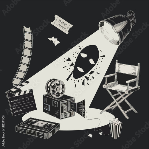 vector icons for cinema, Director's Chair , theatrical roles, video tape, cinema shattered spotlight, Theater Ticket
