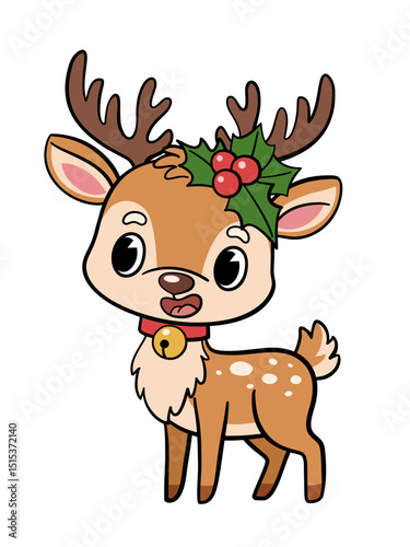 Groovy christmas santa reindeer with holly sprig and bell on neck. Cheerful festive cartoon character with outline on white background.