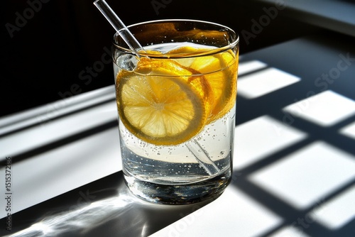 Refreshing Lemon Water With Sliced Lemons on a Sunlit Table
