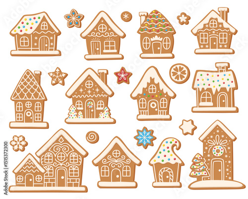Christmas gingerbread cookies set. Gingerbread houses with decorations and patterns made of icing and confectionery sprinkles. A festive traditional treat, perfect for cards, packaging.