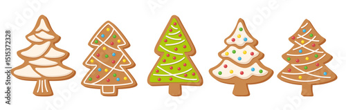 Gingerbread Christmas trees set. Traditional holiday cookies for Christmas with decorations and patterns made of icing and confectionery sprinkles..
