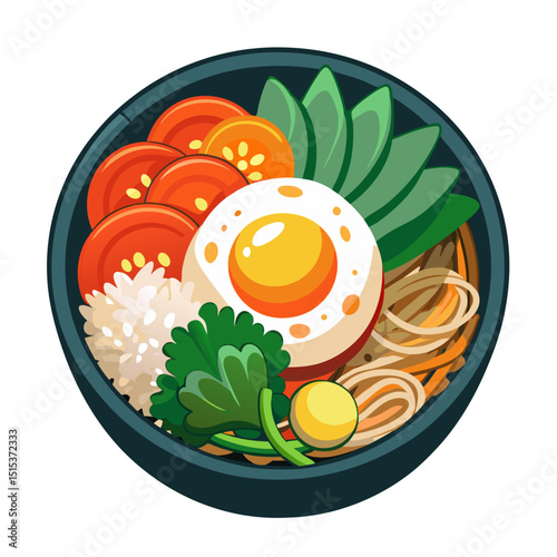 Colorful Bibimbap Rice Bowl with Vegetables and Egg – Korean Cuisine Illustration