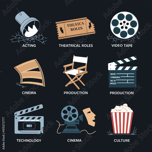 vector icons for cinema, Director's Chair , theatrical roles, video tape, cinema shattered spotlight, Theater Ticket
