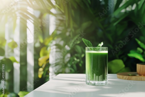 Fresh Green Smoothie in a Glass Surrounded by Lush Plants on a Sunny Day