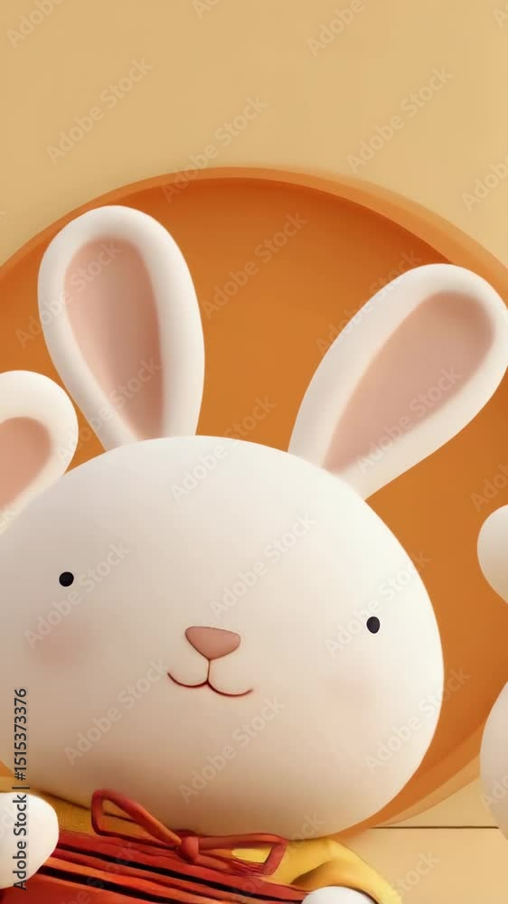 Three cute stylized rabbits with rosy cheeks, one holding red envelope, against a simple yellow and orange studio backdrop