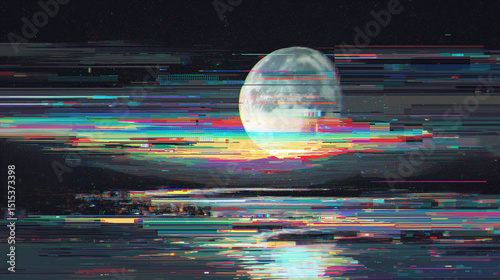 Lune glitchée avec lignes lumineuses
