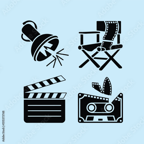 vector icons for cinema, Director's Chair , theatrical roles, video tape, cinema shattered spotlight, Theater Ticket
