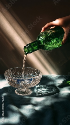Pouring Sparkling Water Into a Decorative Glass Bowl Filled With Ice Cubes