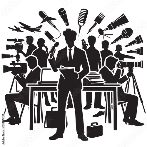 Black Color Journalism Silhouette Vector Illustration, Solid White Background
