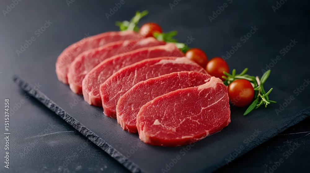 Fototapeta premium Raw filet mignon steaks neatly arranged on black slate plate with rosemary and cherry tomatoes