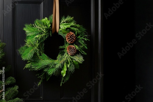 Decorative Green Wreath With Pinecones Hangs on a Black Door During Winter Fe...