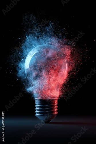 Colorful Explosion of Light Bulb With Red and Blue Smoke Against Black Backgr...