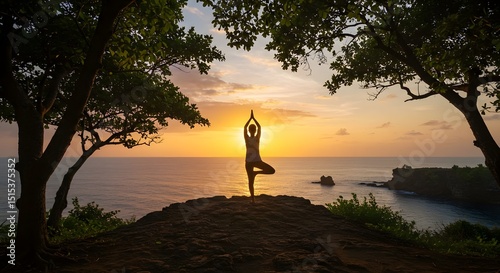 Woman Practicing Yoga at Sunset by the Sea Balance Pose
