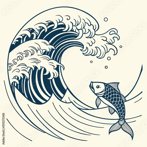 Wave ocean fish art design tattoo