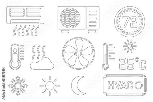 Hvac system icons silhouette line art set