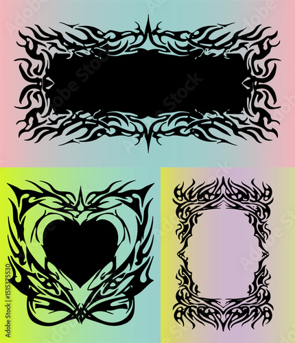 Vector illustration with three cyber sigilism/neo tribal black motifs on pastel gradients. Features bold, futuristic lines and sharp details, echoing top Y2K and cyber-aesthetic trends.