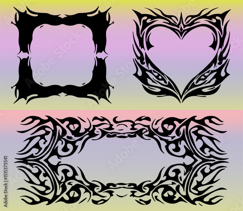 Vector illustration with three cyber sigilism/neo tribal black motifs on pastel gradients. Features bold, futuristic lines and sharp details, echoing top Y2K and cyber-aesthetic trends.