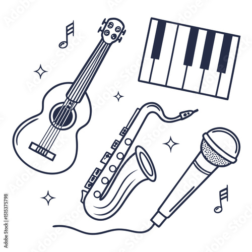 Musical instruments line art design guitar saxophone keyboard mic