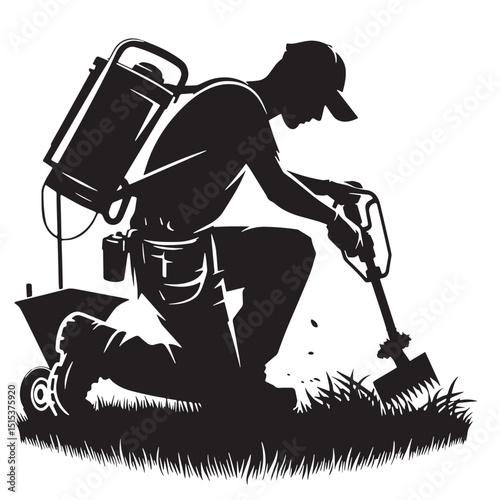 Black Color Landscaping Silhouette Vector Illustration, Solid White Background