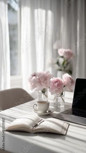Morning Workspace With Laptop, Coffee, and Peony Flowers in Bright Natural Light