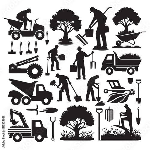 Black Color Landscaping Silhouette Vector Illustration, Solid White Background