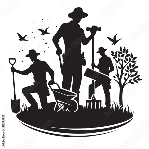 Black Color Landscaping Silhouette Vector Illustration, Solid White Background