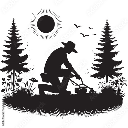 Black Color Landscaping Silhouette Vector Illustration, Solid White Background