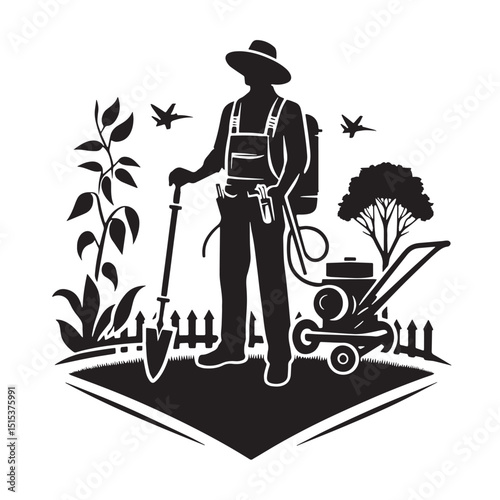 Black Color Landscaping Silhouette Vector Illustration, Solid White Background