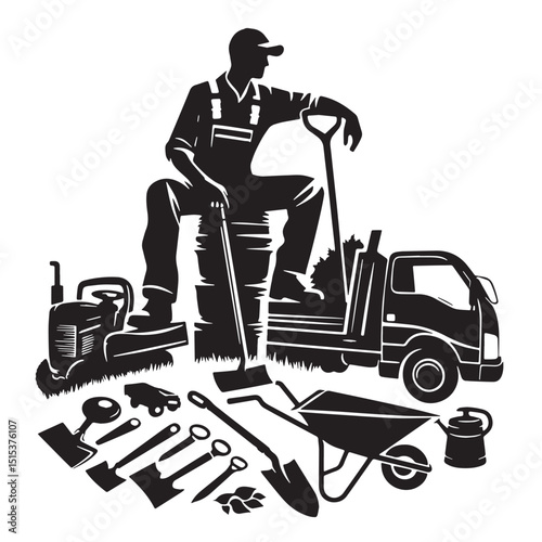 Black Color Landscaping Silhouette Vector Illustration, Solid White Background