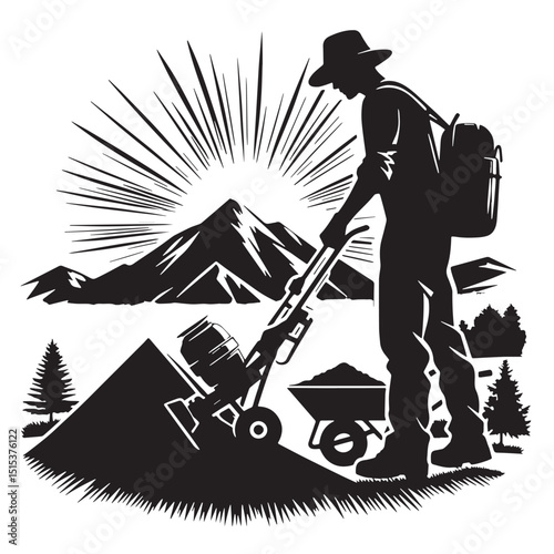 Black Color Landscaping Silhouette Vector Illustration, Solid White Background