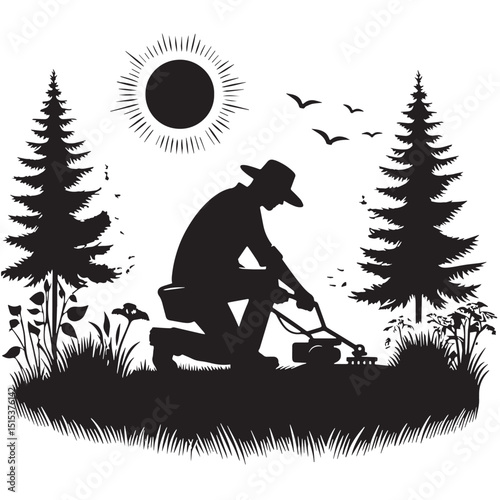 Black Color Landscaping Silhouette Vector Illustration, Solid White Background