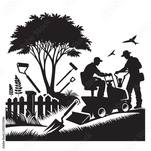 Black Color Landscaping Silhouette Vector Illustration, Solid White Background
