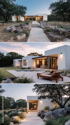 Modern White House With Outdoor Seating in a Serene Landscape at Dusk